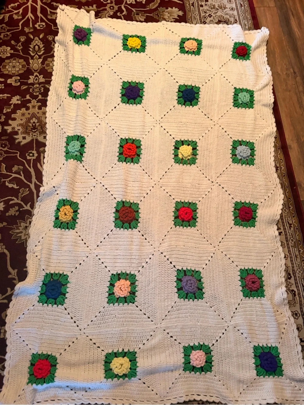 Vintage Handmade Crochet Floral Square Throw Blanket